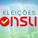 Imagem com fundo em degradê azul e verde. Ao centro, aparece o texto "ELEIÇÕES" em letras verdes acima da palavra "Consup" em vermelho. A letra "o" de "consup" é representada por um círculo vermelho com um símbolo de visto (check) verde no interior.