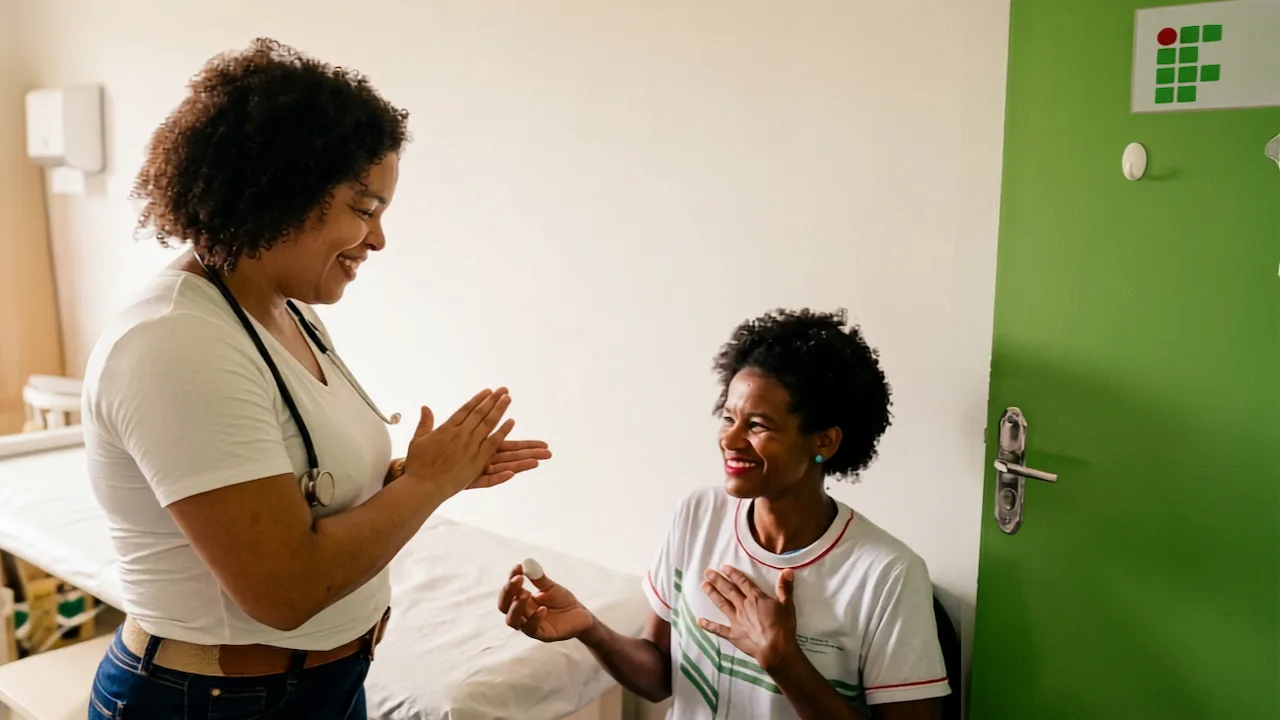 Profissional de saúde em pé comunica-se em Libras com uma estudante sentada, ambas sorrindo.