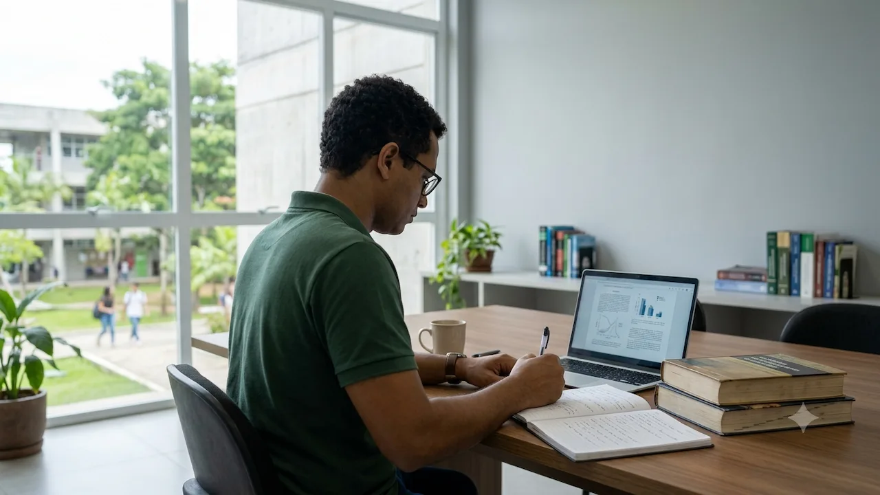 Imagem de um homem homem de óculos que escreve num caderno numa mesa com portátil e livros, com vista para o campus de uma universidade.