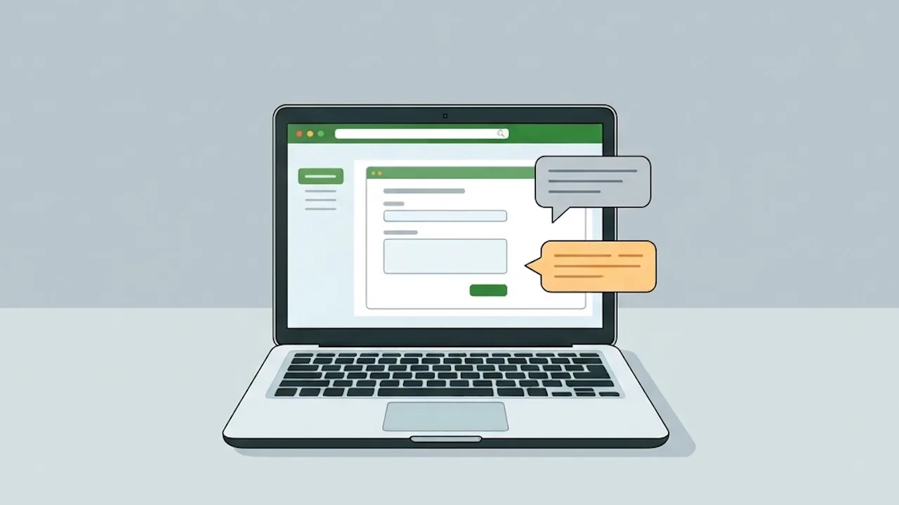 Imagem de um notebook centralizado em fundo neutro, exibindo formulário eletrônico com balões de conversa.