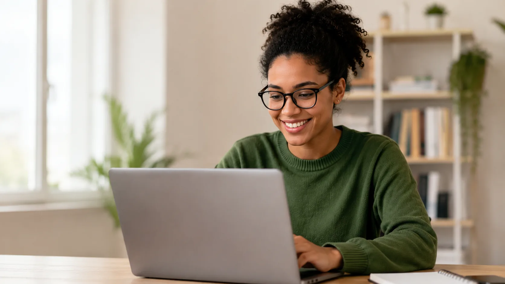 Imagem ilustra uma estudante sorrindo enquanto utiliza um notebook em ambiente de estudo iluminado.