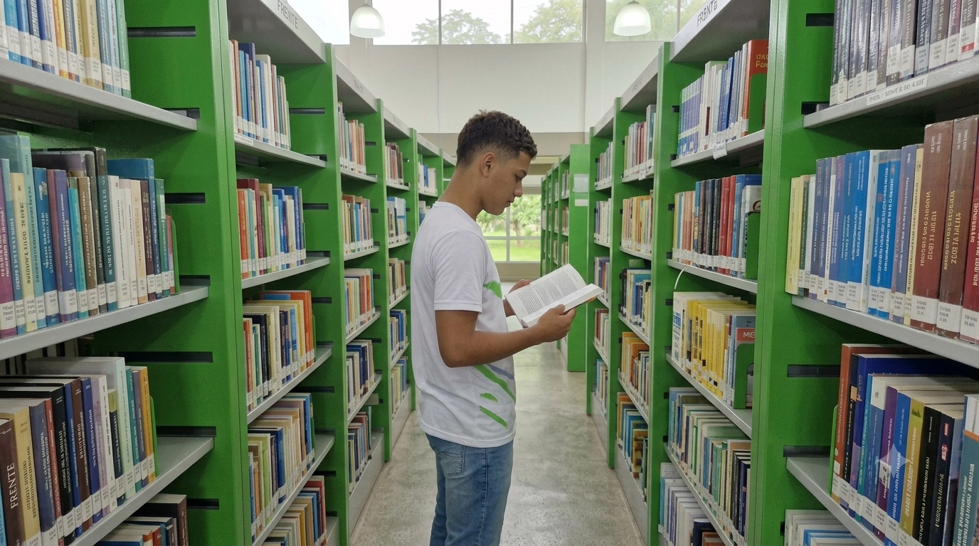 Imagem de um jovem estudante de perfil, em pé no corredor de uma biblioteca do IF Baiano, lendo um livro aberto. Ele veste camiseta branca e calça jeans. O cenário apresenta estantes verdes repletas de livros coloridos em ambos os lados e luminárias no teto ao fundo.