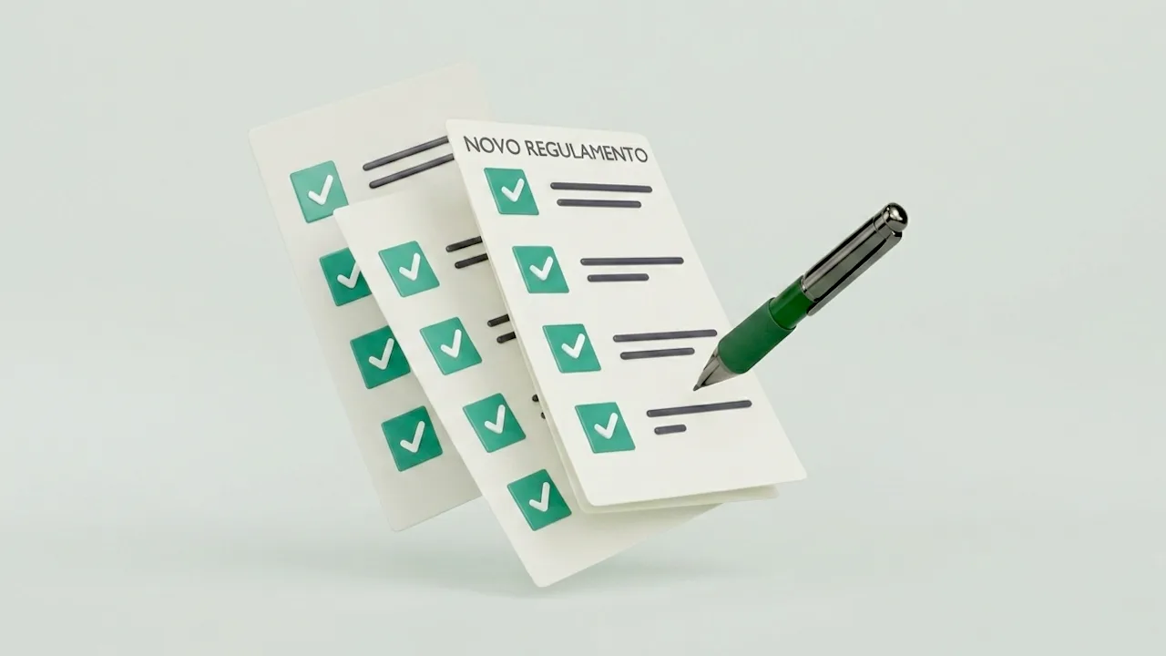 Ilustração 3D de papéis flutuantes sobre um fundo cinza claro. Os documentos exibem caixas de seleção verdes marcadas e o título "NOVO REGULAMENTO" no topo. Uma caneta verde e cinza aponta para o papel frontal, como se estivesse preenchendo o formulário.