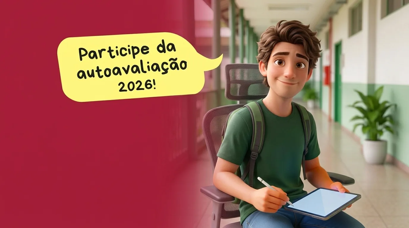 Apresenta uma ilustração 3D de um estudante sorridente segurando um tablet em um corredor escolar. Contém os textos "Participe da autoavaliação 2026!" dentro de um balão de fala amarelo.