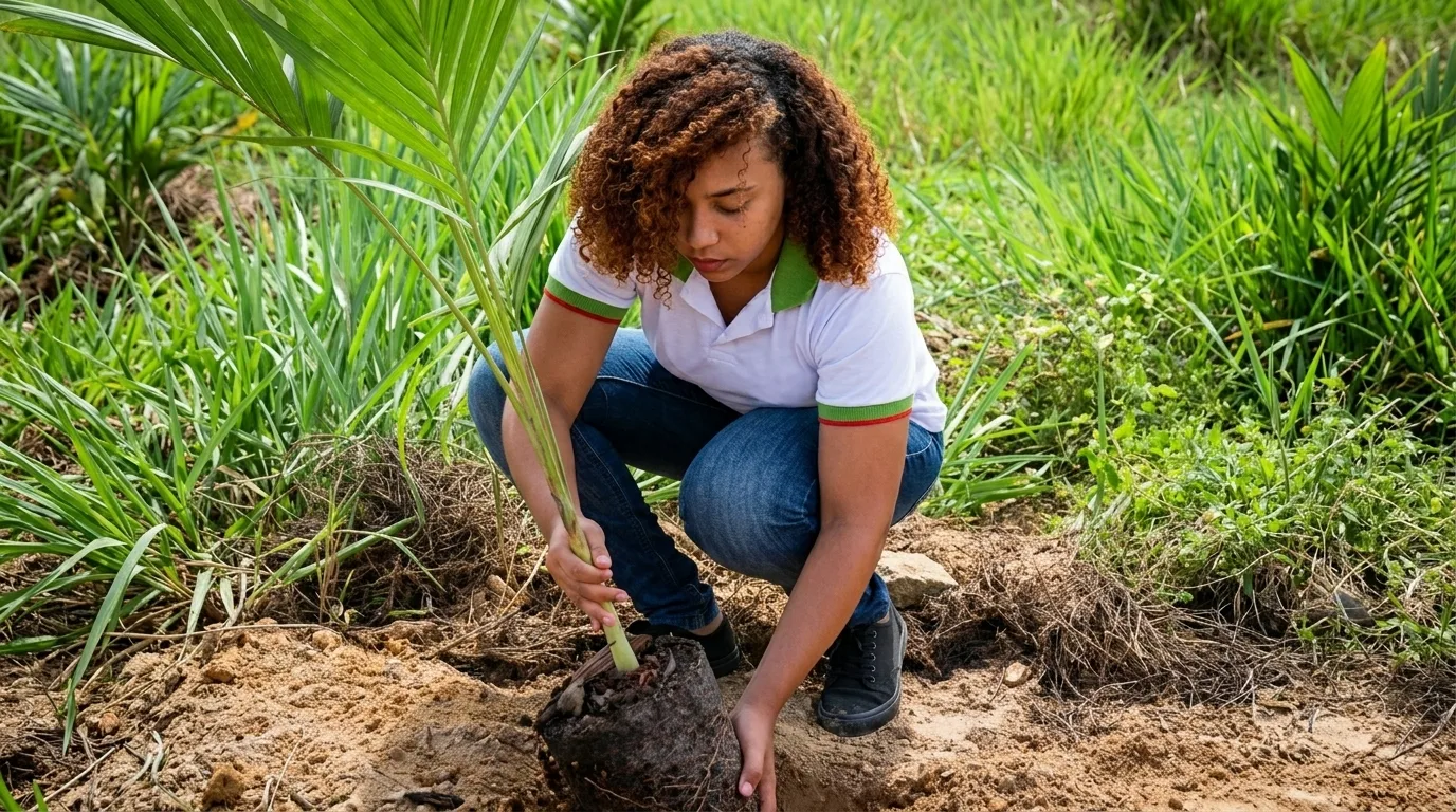 Mulher jovem com cabelos cacheados agachada em um campo, plantando uma muda na terra. Ela veste camisa polo branca com detalhes verdes, calça jeans e tênis pretos.