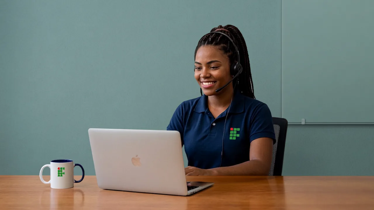 Mulher sorrindo, sentada em uma mesa, olhando em direção à tela de um laptop. Ela veste uma camisa com a marca do IF Baiano.